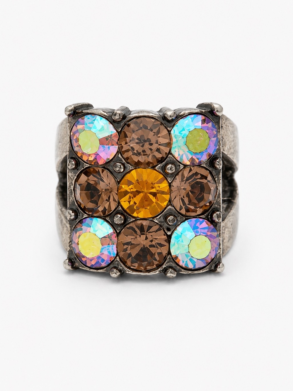 Statement Square Crystal Cocktail Ring Antique Silver Pewter Tone Size 7